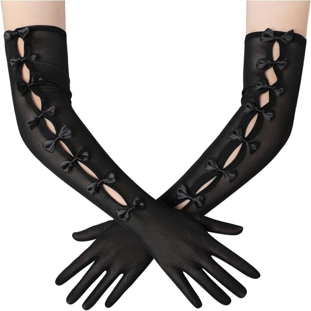 Women's Princess Black Long Sleeves Gloves Bow Lace Mesh Tulle Party Prom